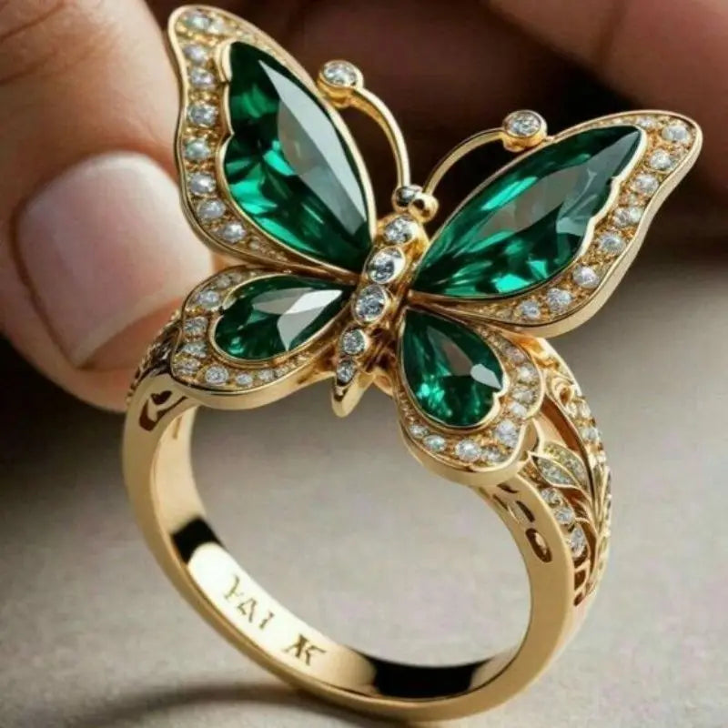 Golden Emerald Butterfly Ring
