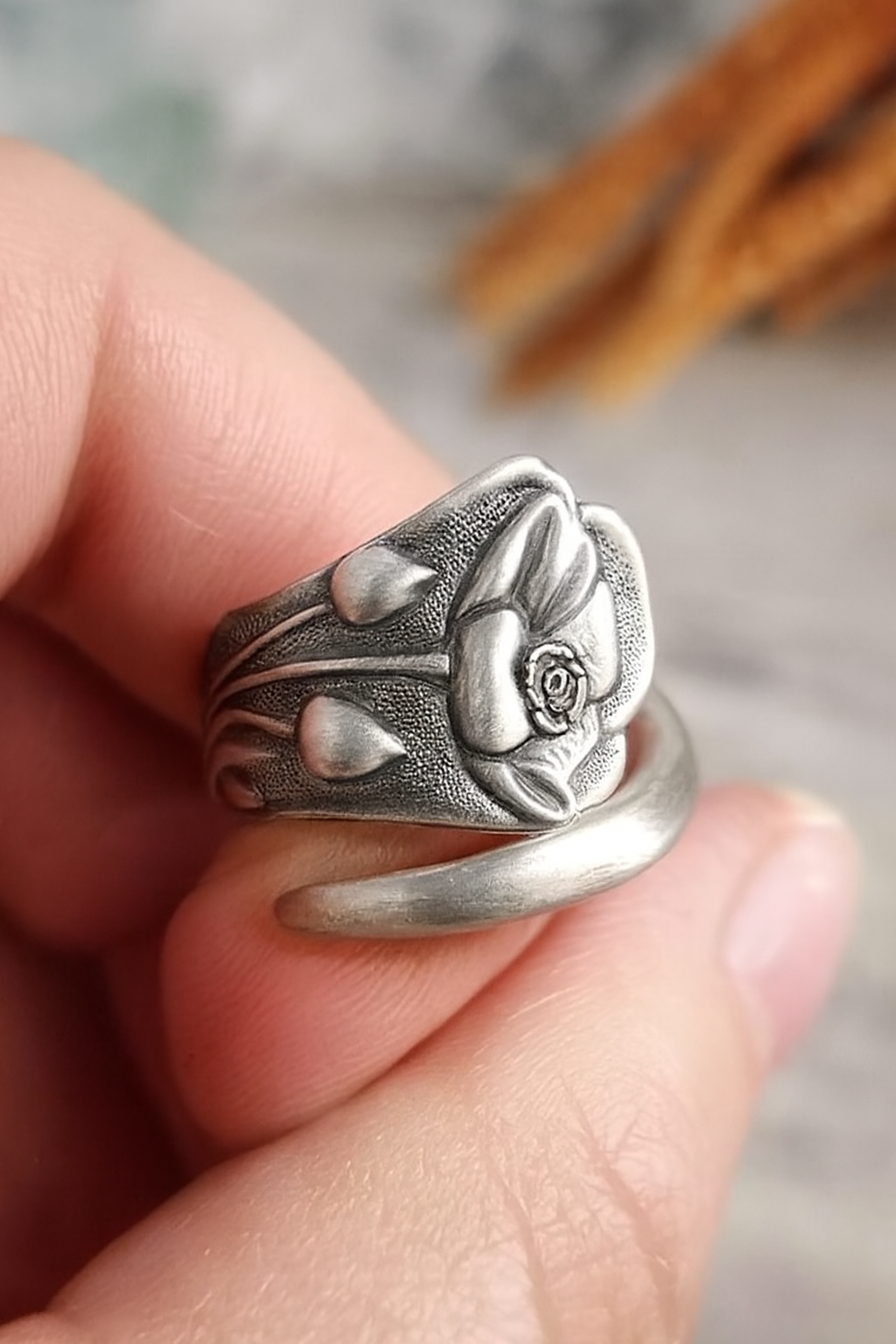 Vintage Floral Statement Silver Spoon Ring