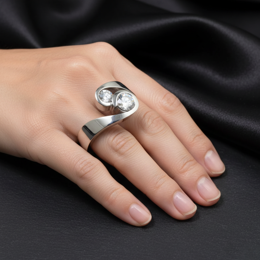 Modern Dual Stone Silver Bypass Ring