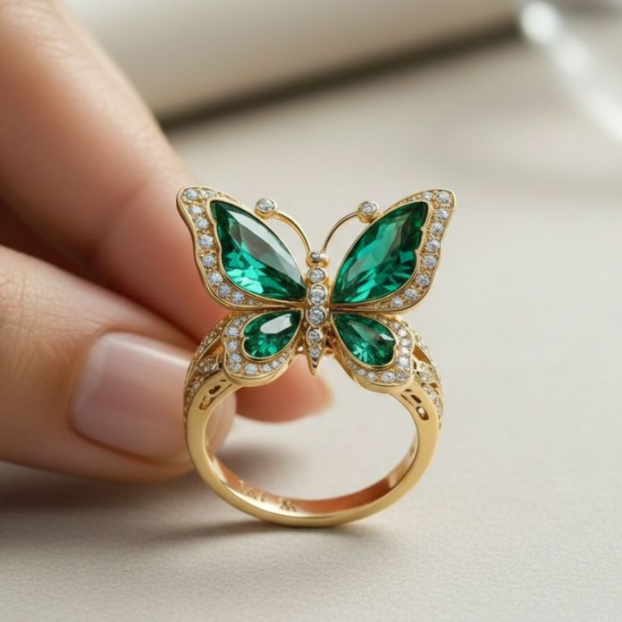 Golden Emerald Butterfly Ring