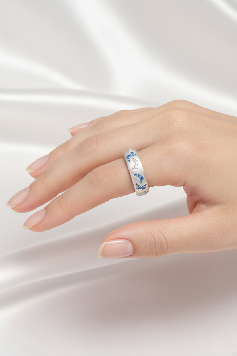 Colorful Gemstone Silver Butterfly Ring