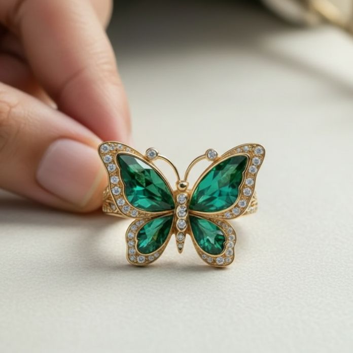Golden Emerald Butterfly Ring