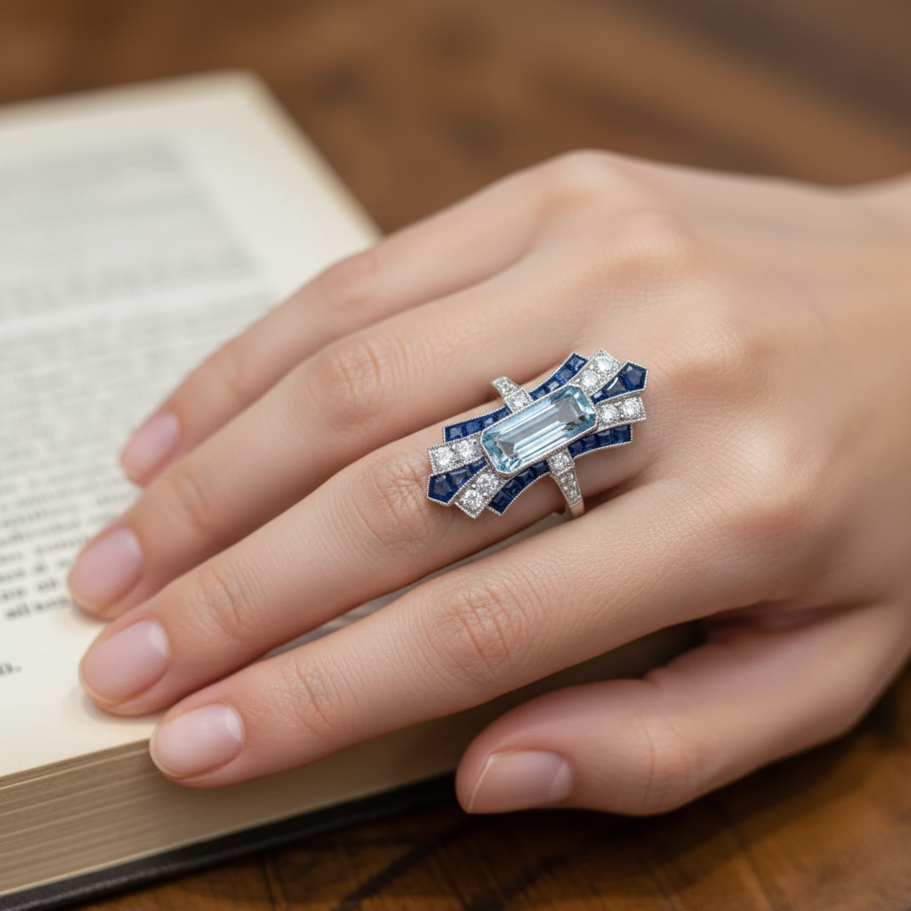 Vintage Sapphire Checkerboard Silver Ring