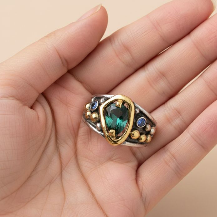 Silver Emerald Abstract Ring