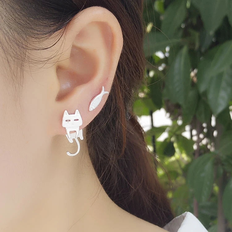 Drop Earrings Minimal Cat Silver