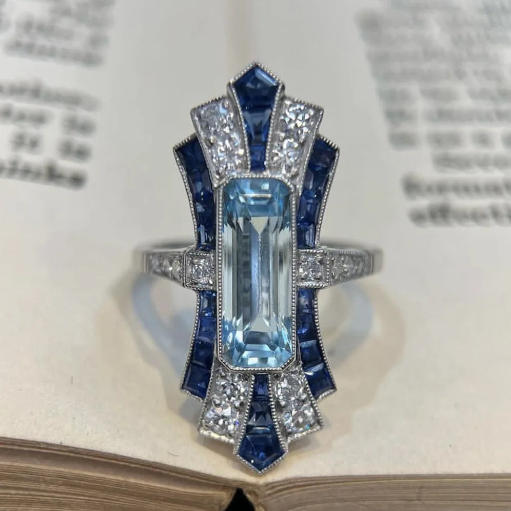 Vintage Sapphire Checkerboard Silver Ring