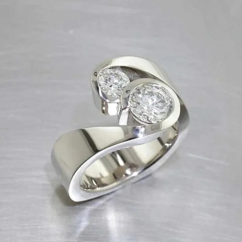 Modern Dual Stone Silver Bypass Ring