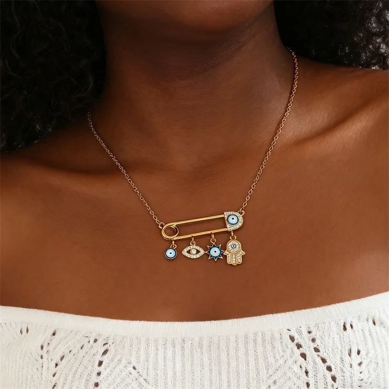 Elegant Evil Eye Safety Pin Necklace