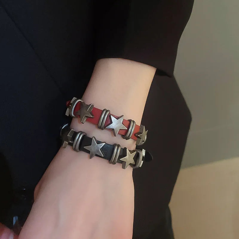 Silver Punk Leather Star Bangle