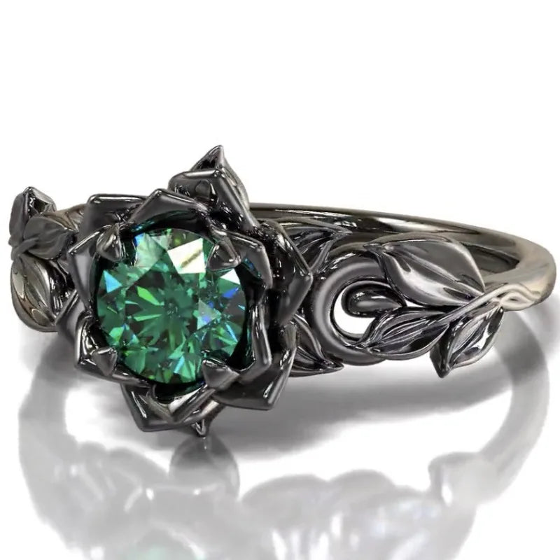 Gothic Black Rose Emerald Stone Ring