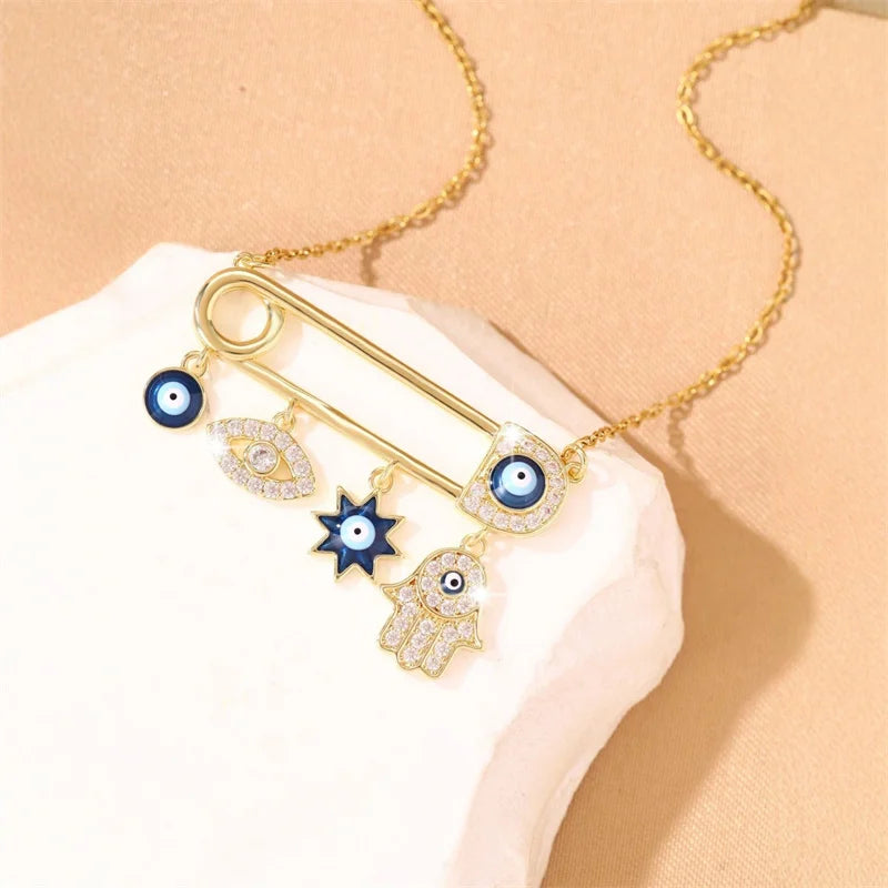 Elegant Evil Eye Safety Pin Necklace