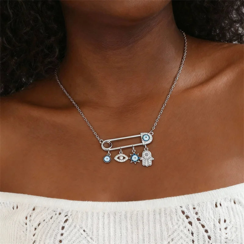 Elegant Evil Eye Safety Pin Necklace