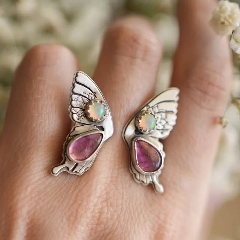 Opalescent Pink Stone Silver Butterfly Ring