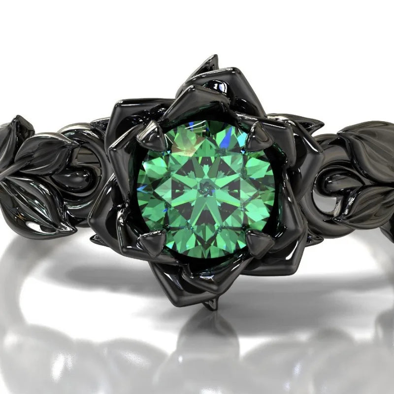 Gothic Black Rose Emerald Stone Ring