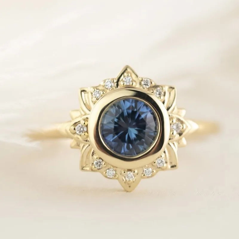 Golden Blue Gem Flower Ring