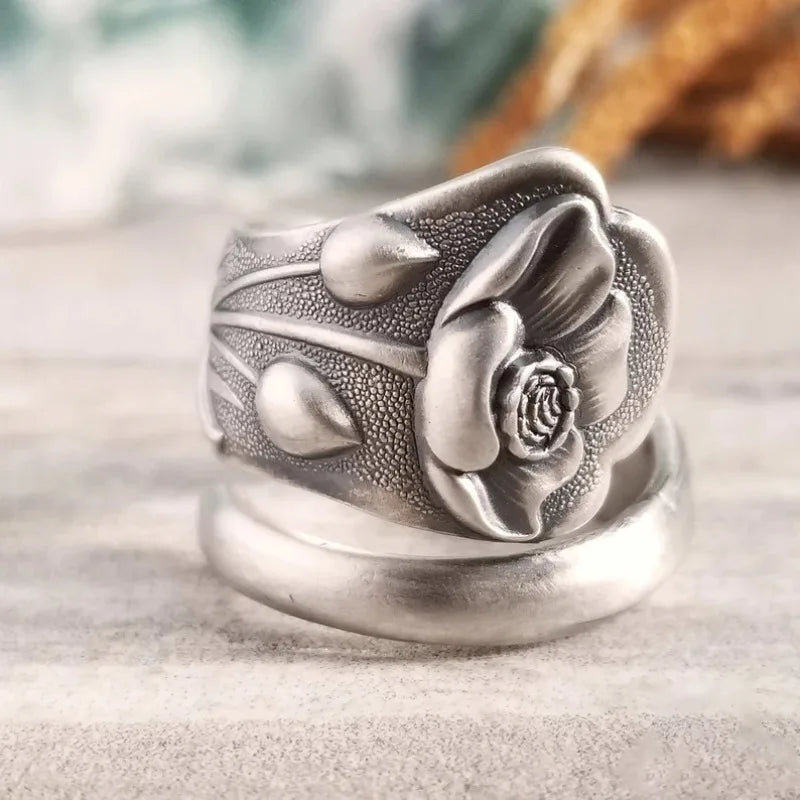 Vintage Floral Statement Silver Spoon Ring