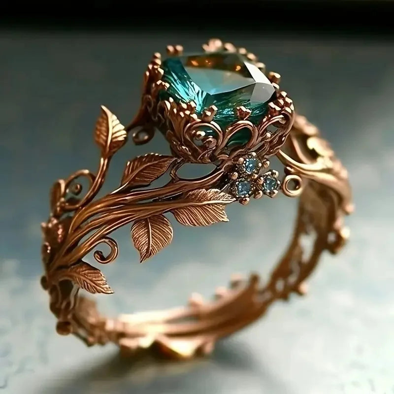Golden Green Leaf Ring
