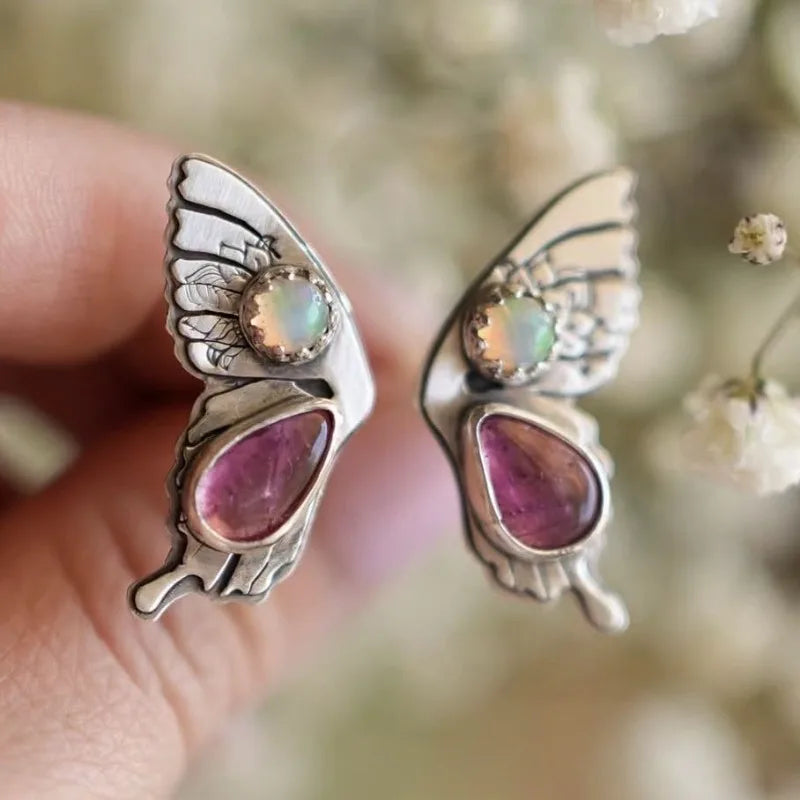 Opalescent Pink Stone Silver Butterfly Ring
