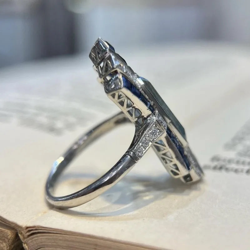 Vintage Sapphire Checkerboard Silver Ring