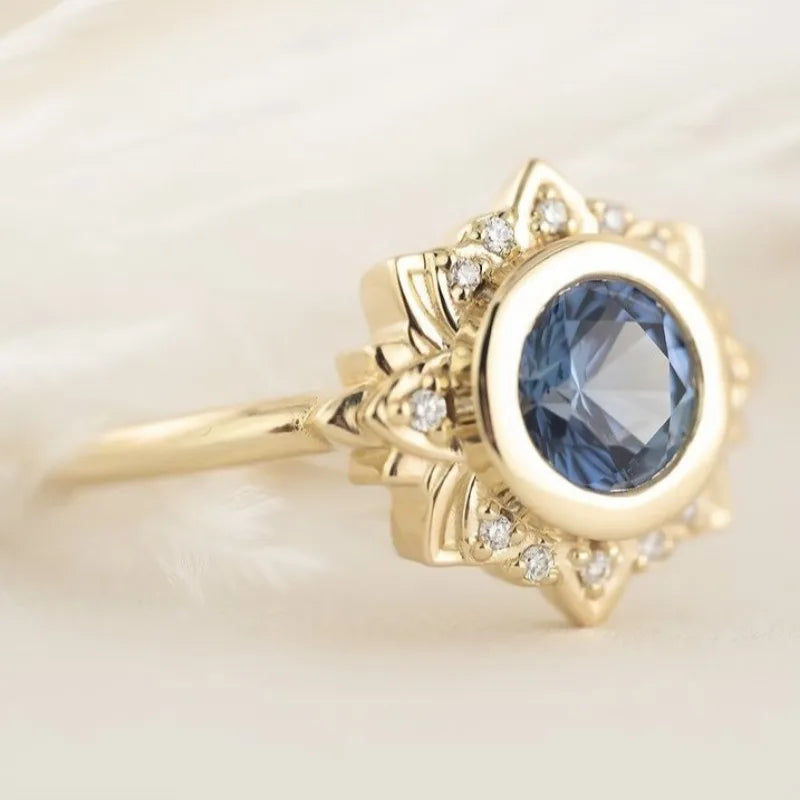 Golden Blue Gem Flower Ring