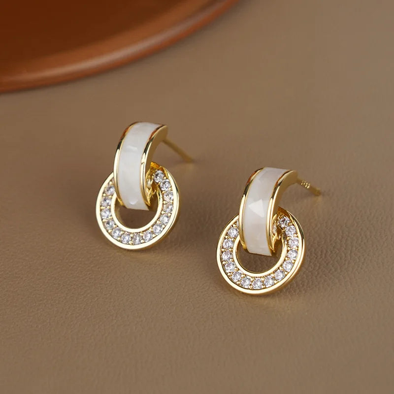 White Crystal Stud Earrings Chic Silver