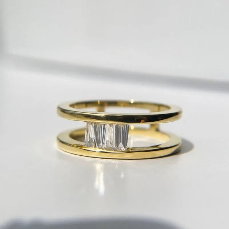 Geometric Cubic Zirconia Golden Grid Ring