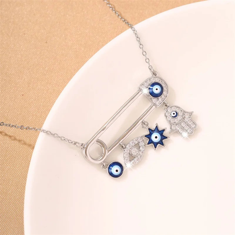 Elegant Evil Eye Safety Pin Necklace