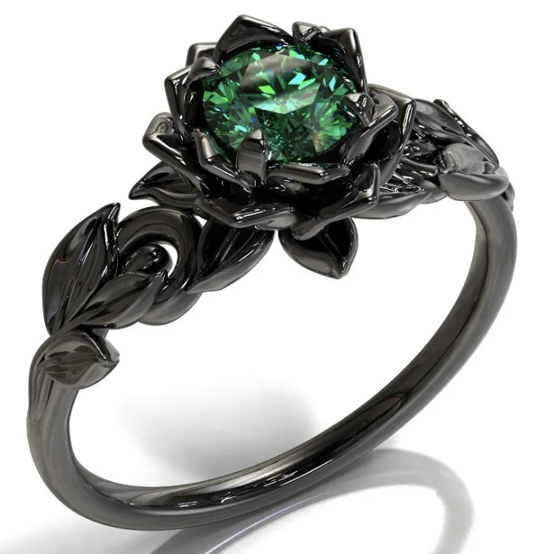 Gothic Black Rose Emerald Stone Ring