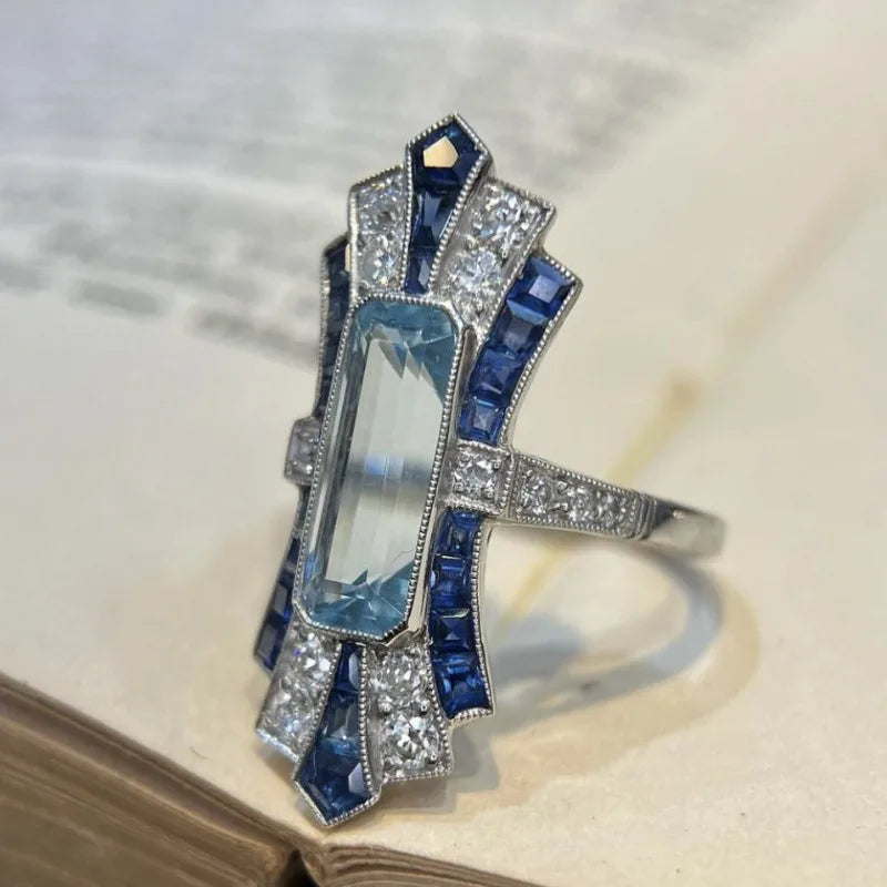 Vintage Sapphire Checkerboard Silver Ring