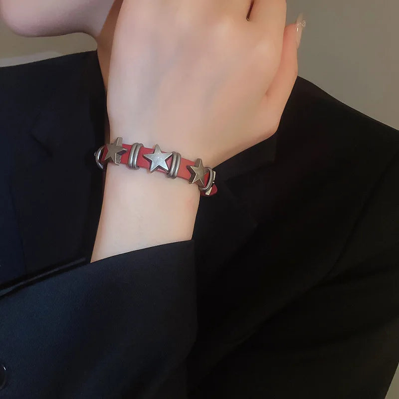 Silver Punk Leather Star Bangle