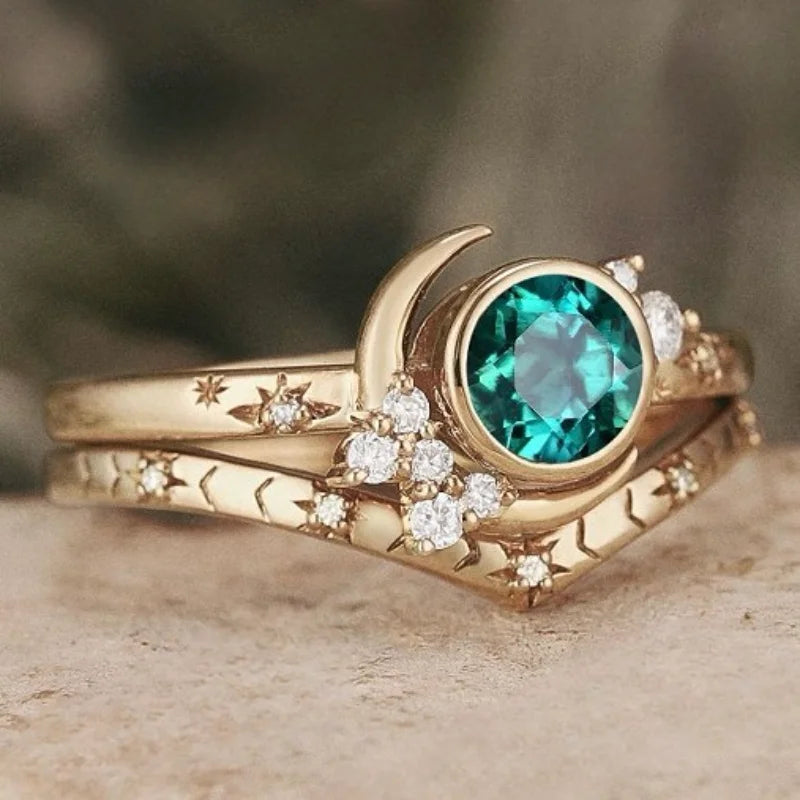 Moonstone Emerald Golden Engagement Ring
