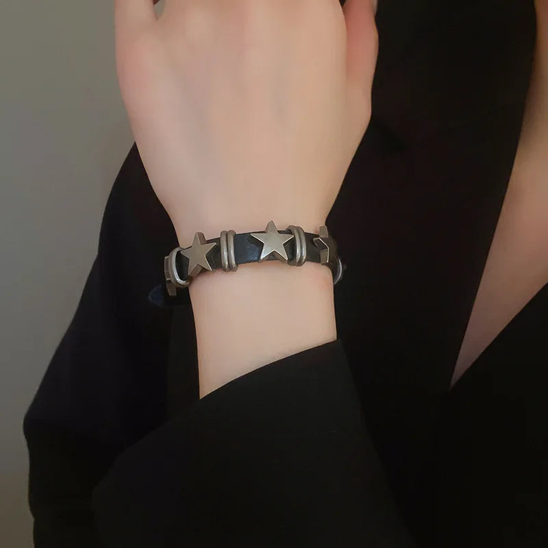 Silver Punk Leather Star Bangle
