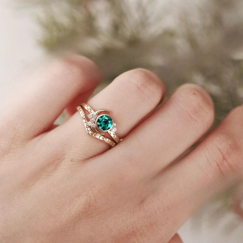 Moonstone Emerald Golden Engagement Ring
