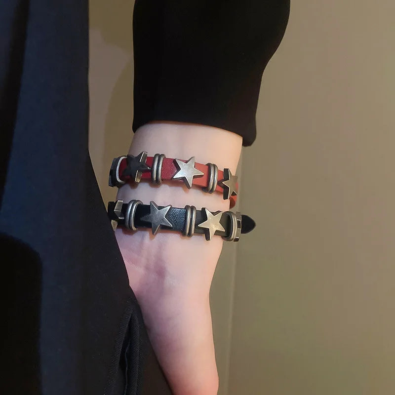 Silver Punk Leather Star Bangle