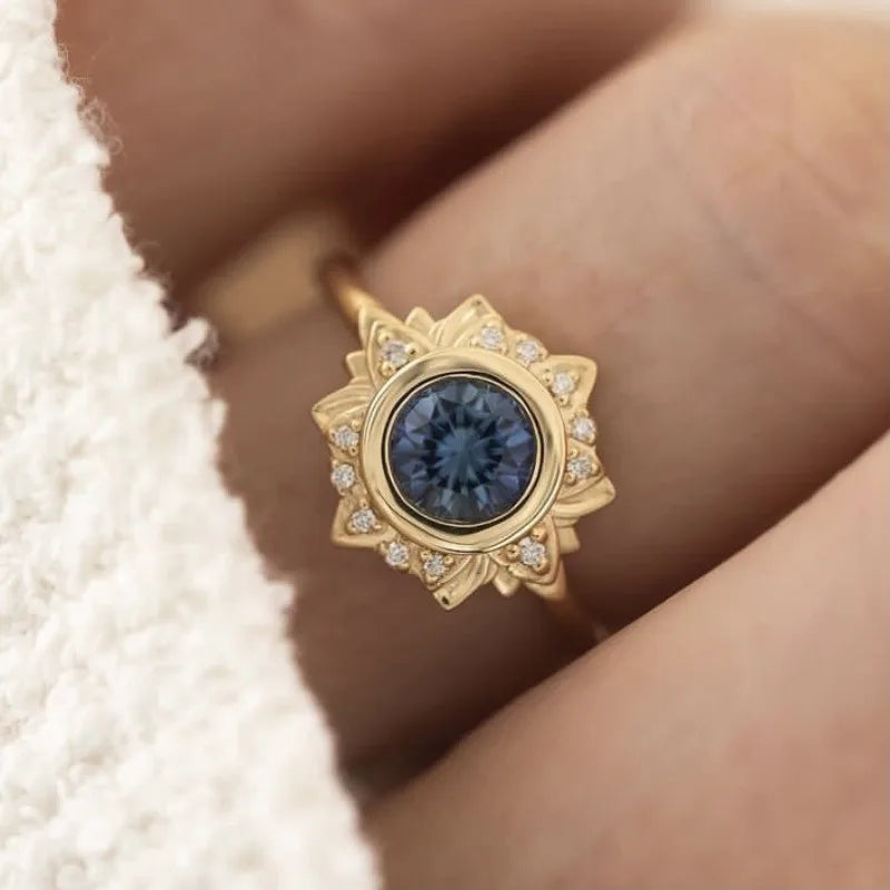 Golden Blue Gem Flower Ring