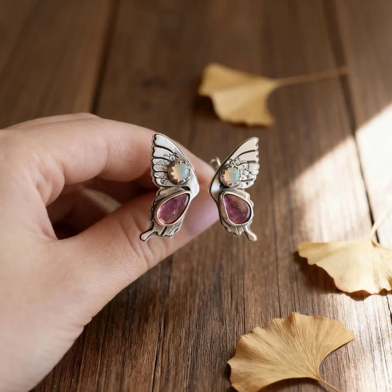 Opalescent Pink Stone Silver Butterfly Ring