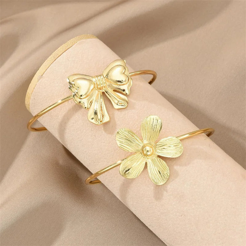 Vintage Layered Golden Floral Bow Bangle Set